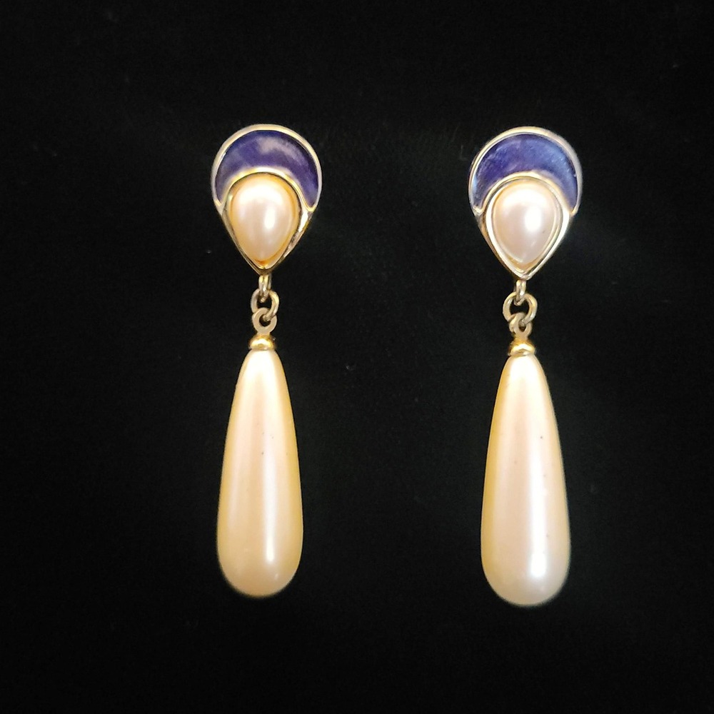 Vintage Gold Tone Faux Pearl Teardrop Dangle Drop Earrings Cream Bridal Classic